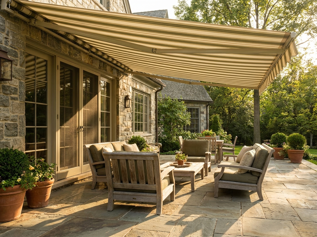 Patio with a folding-arm awning extended over outdoor seating