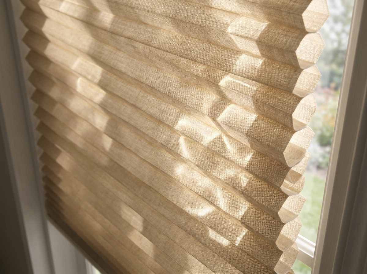 Close-up of pleated cellular blind fabric, top-down honeycomb view