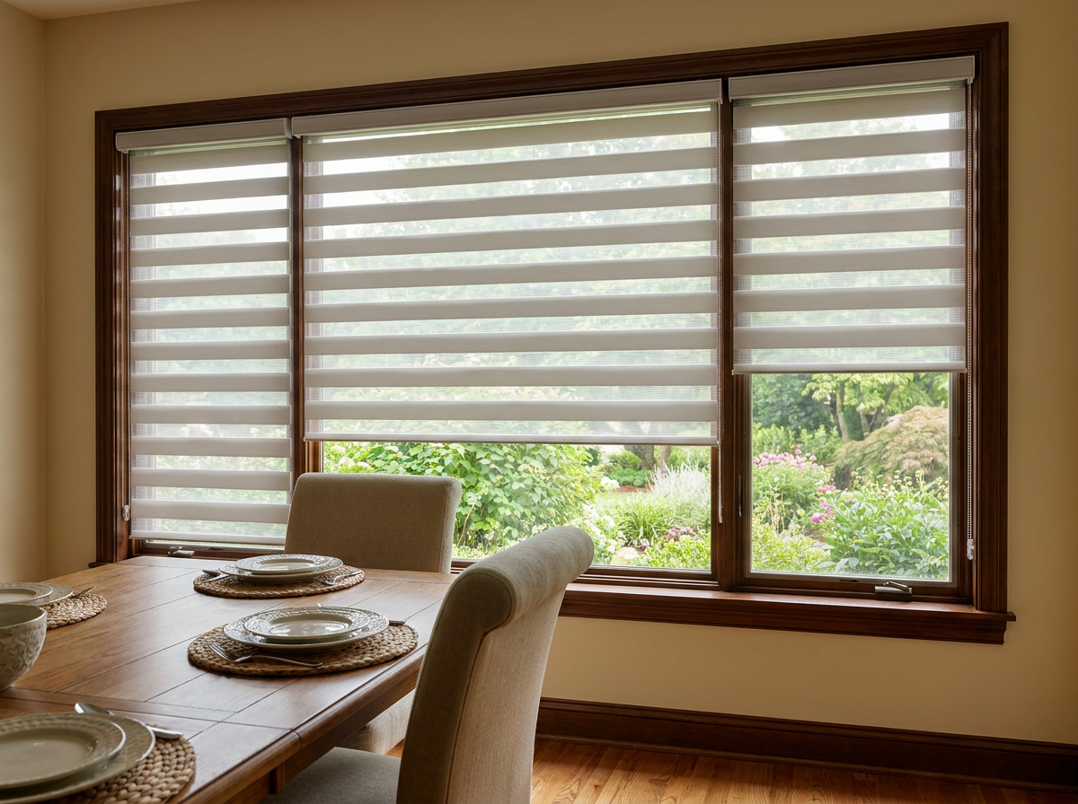 Street-facing dining room with day-and-night zebra blinds, Vredekloof