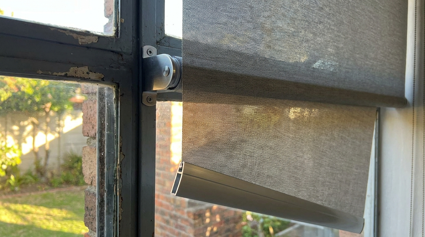 Close-up of fabric and headrail detail on an older steel-frame window in Kraaifontein