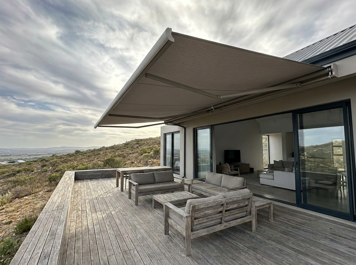 Motorised folding-arm awning on an exposed entertaining deck, Sonstraal Heights