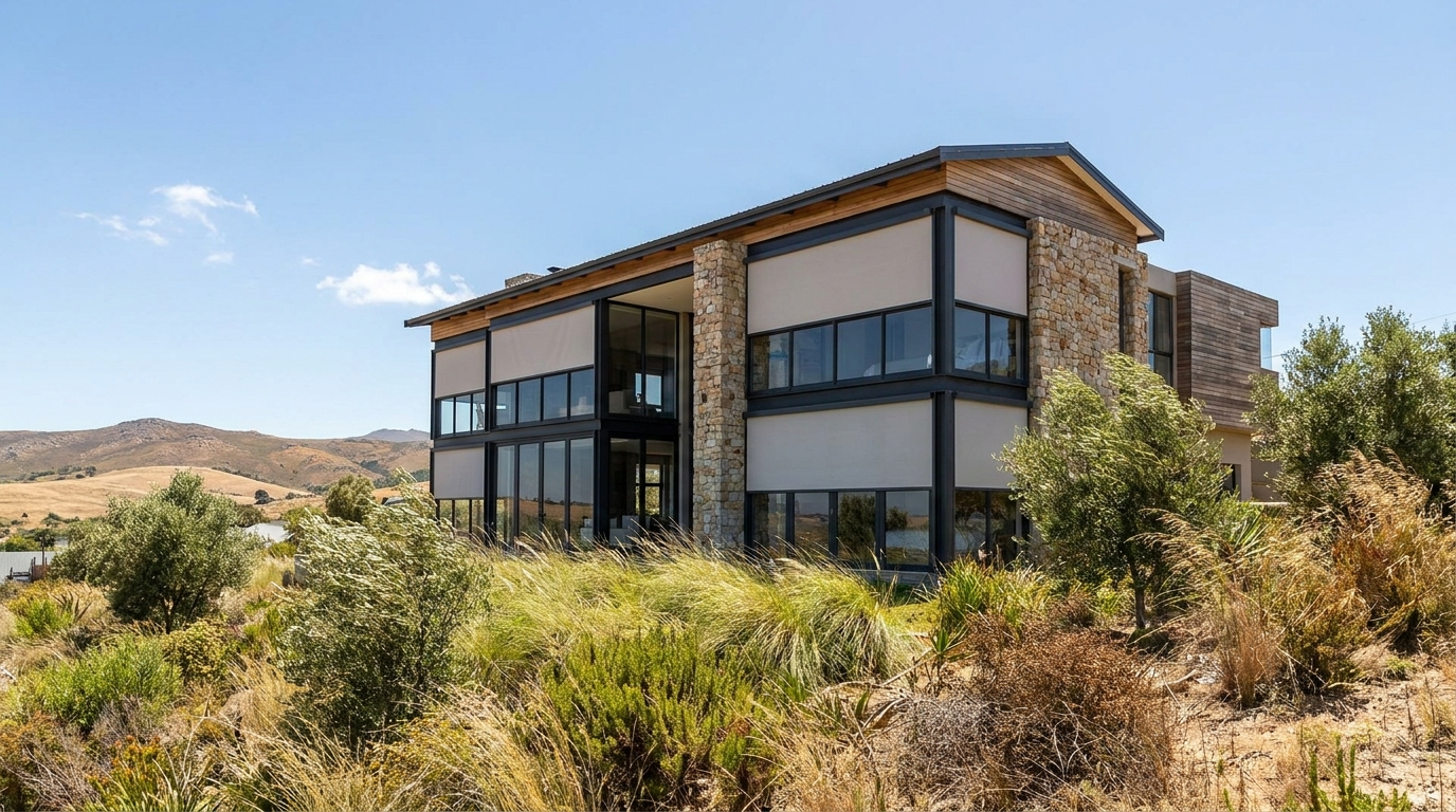 Elevated Sonstraal Heights home exterior with sunscreen roller blinds fitted to view glass