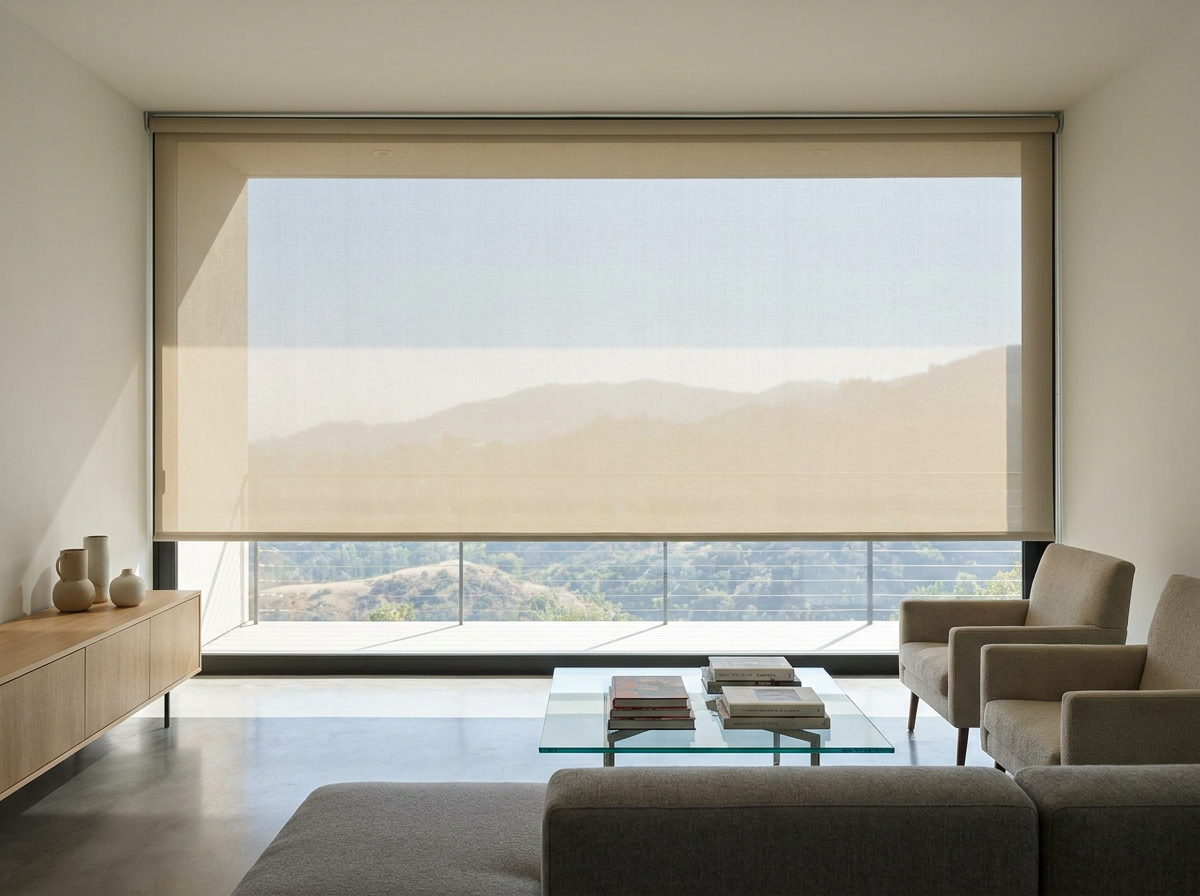 Elevated living room with sunscreen roller blind and hills view, Sonstraal Heights