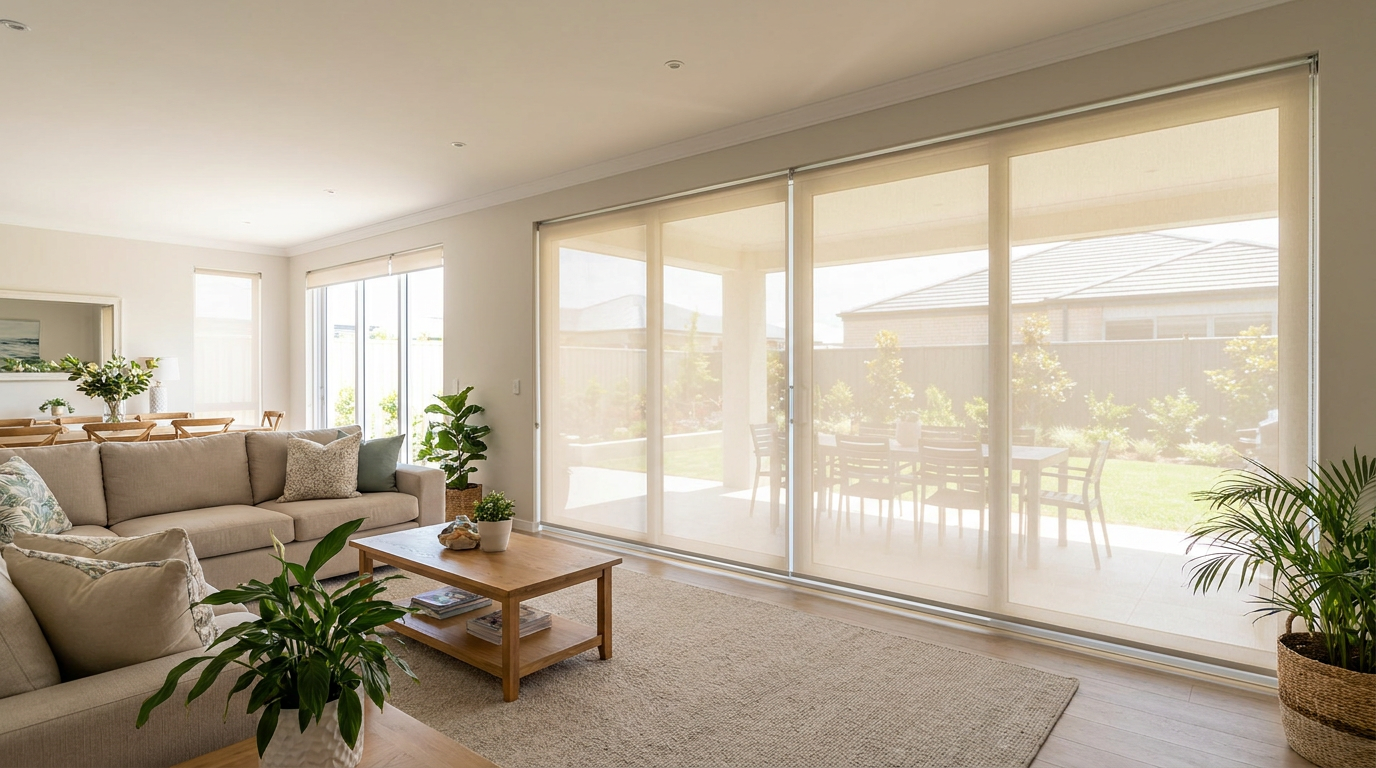 Bright living room with a sunscreen roller blind extended over wide stacker doors