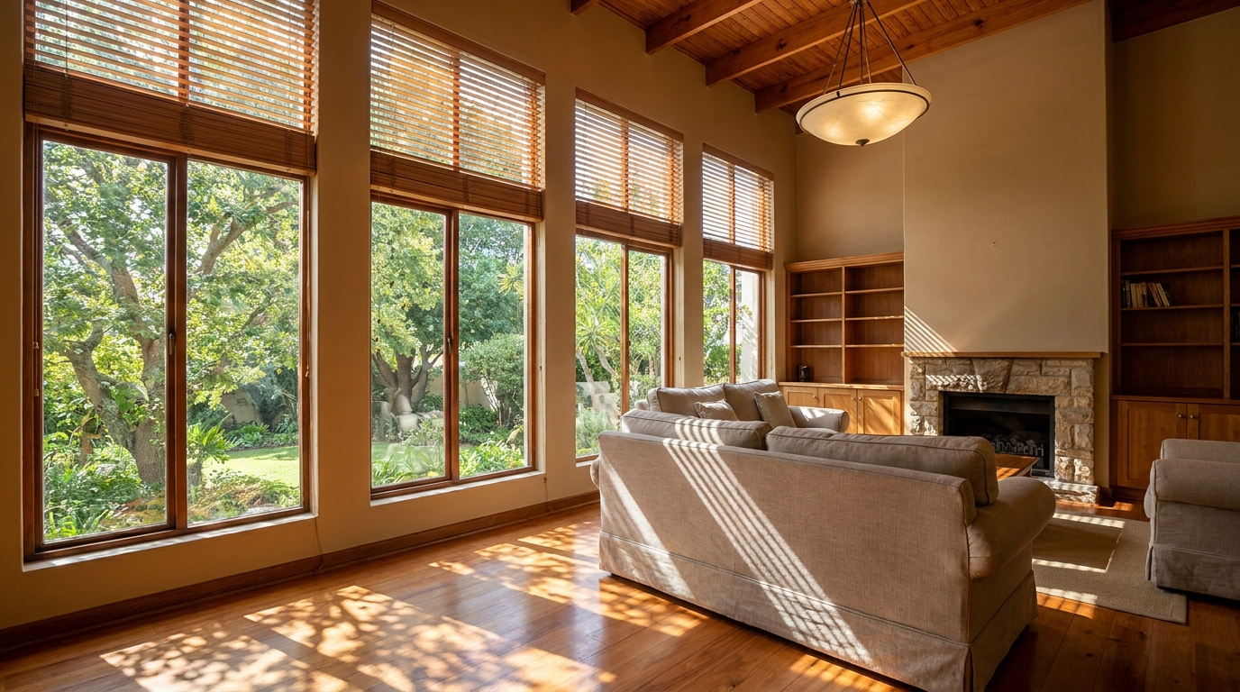 Vredekloof living room with dappled tree-shaded light and a raised blind